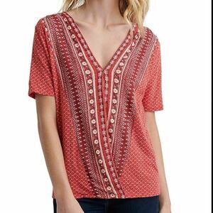 NWT Lucky Brand Red V-Neck Patterned Top M